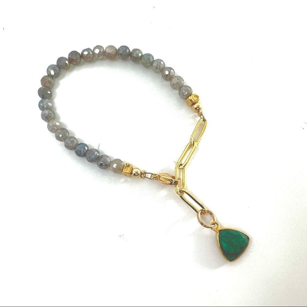 Gold paper clip chain bracelet with labradorite stones and emerald charm